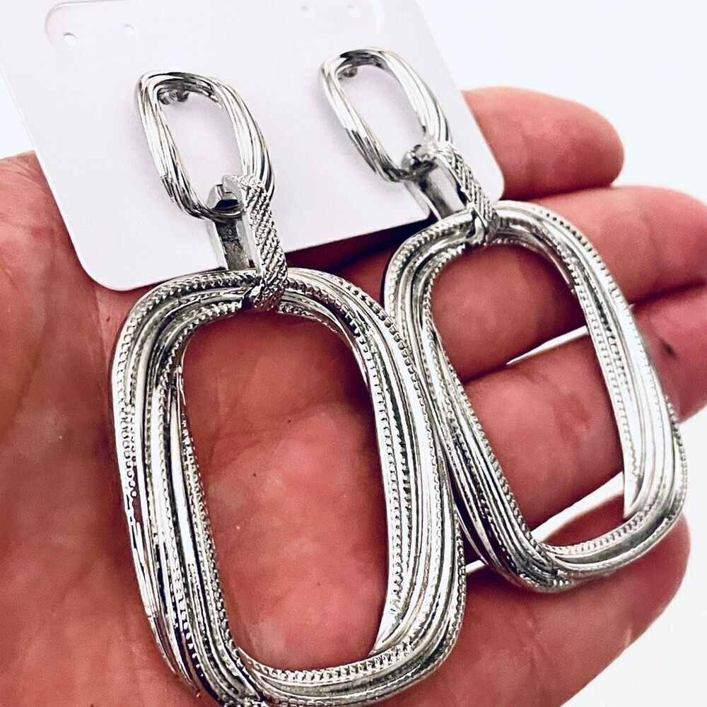 NWT Gorgeous True Love Large Silver Textured Dangle Drop Square Hoop earrings